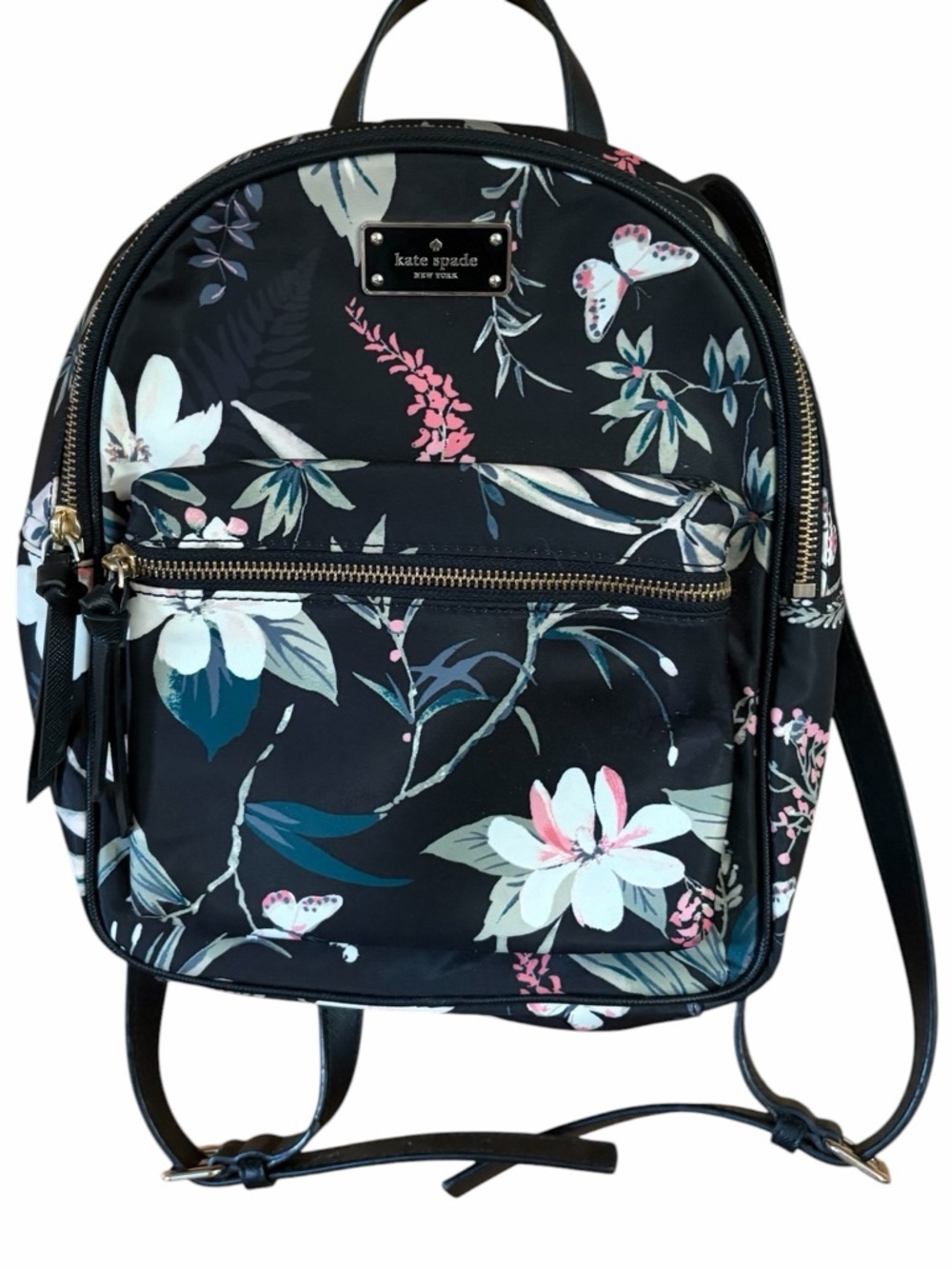 Kate Spade Botanical Print Bradley Nylon Backpack Black Saffiano Leather Straps